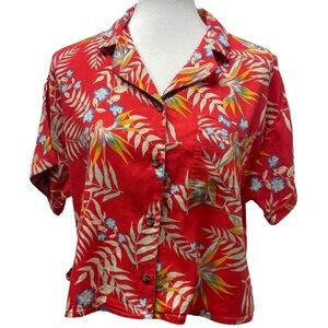 SO Camp Shirt. Red Floral Fern Hawaiian tropical print button up top size Medium